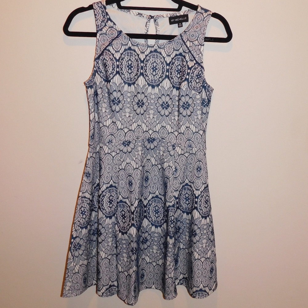 My Michele Blue & White Lace Cocktail Dress